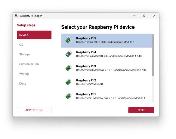 Raspberry Pi Imager window on the device-selection step, listing Raspberry Pi models to choose from
