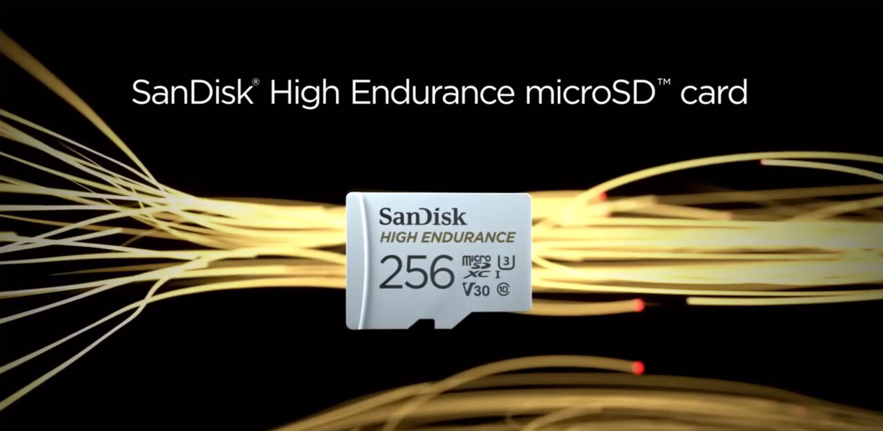 A 256 GB SanDisk High Endurance microSD card against a dark background
